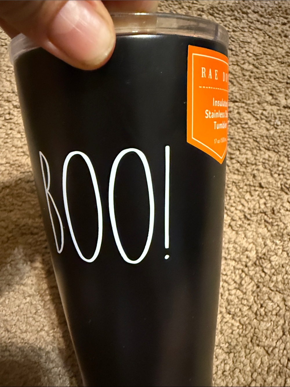 Rae Dunn Black Tumbler with White BOO! and Orange Label